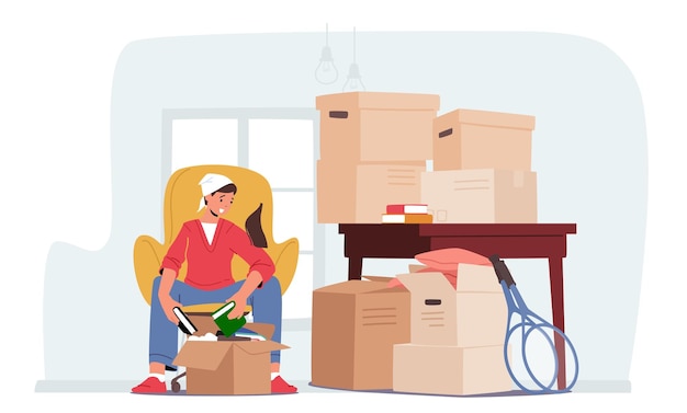 Young Female Character Moving into New Home Woman Unpacking or Packing Cardboard Boxes with Books and Stuff Relocation and Move to New House Concept Cartoon People Vector Illustration