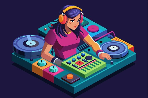 Vector a young female dj skillfully mixes tracks using turntables and a mixing console in a vibrant nightclub environment