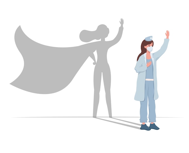 Young female doctor in uniform with superhero shadow vector flat