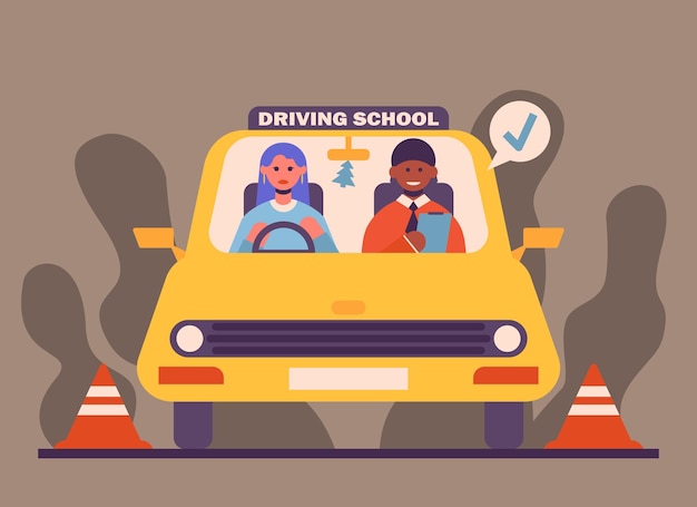 Vector young female driving car during private driving lessons passing driving test concept