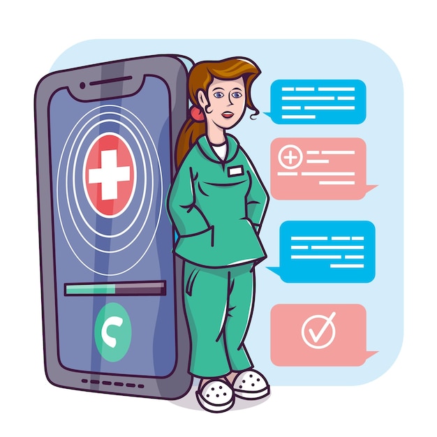 Young female in medical clothes standing near big smartphone chatting with patient