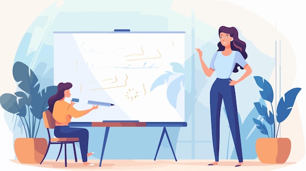 Vector young female teacher concept with pointer in classroom