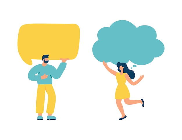 Young flat vector man and woman holding speech bubbles communication chat Concept of announcement