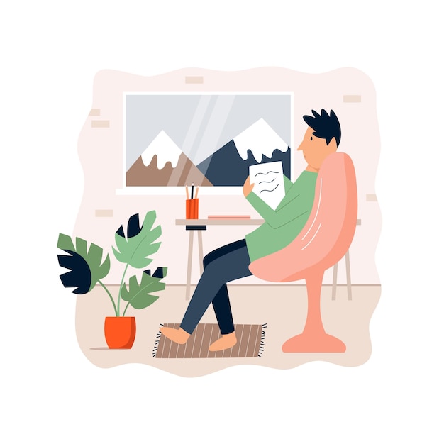 Young freelancer man working remotely from home Vector illustration Home office concept