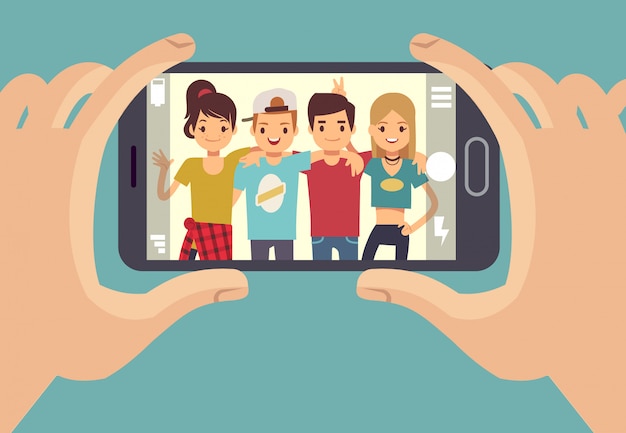 Young friends teenagers taking photo with smartphone. Friendship vector concept