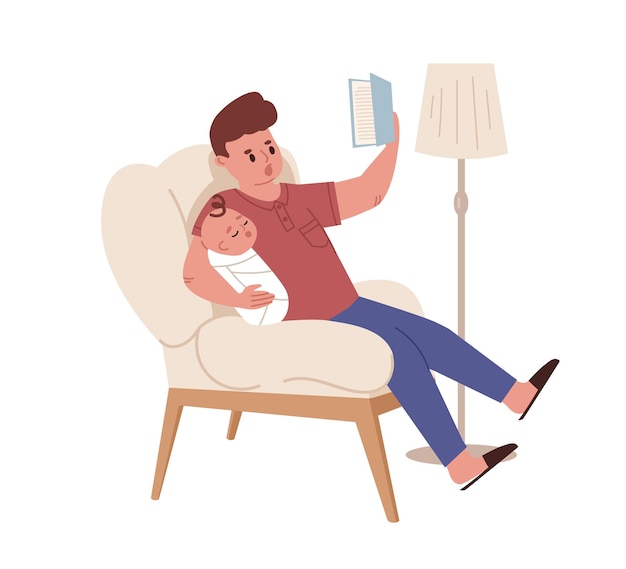 Young funny father sitting in chair and reading book for newborn baby. Dad with sleeping infant. Colored flat cartoon vector illustration of paternity leave and fatherhood isolated on white background