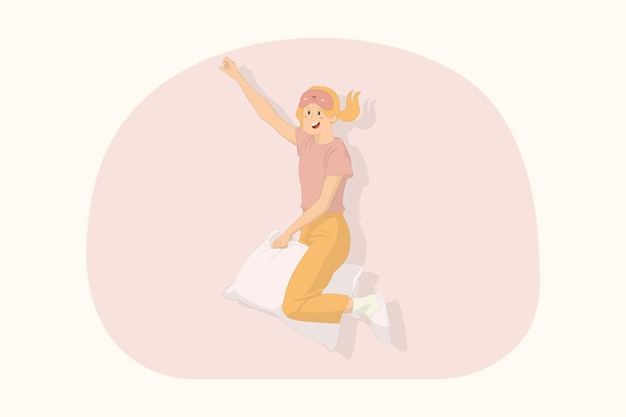 Young funny woman relaxing at home jump high do fly gesture on pillow concept