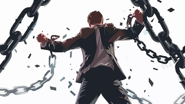 Vector young furious businessman breaking metal chain with hammer