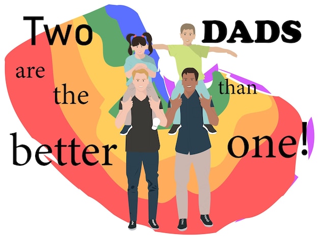 Young gay fathers with son and daughter on the rainbow background