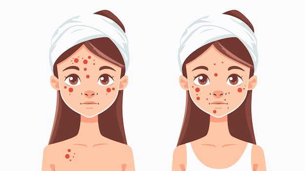 Vector young girl acne treatment before and after transformation