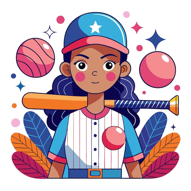 A young girl in baseball attire with a bat and sports elements