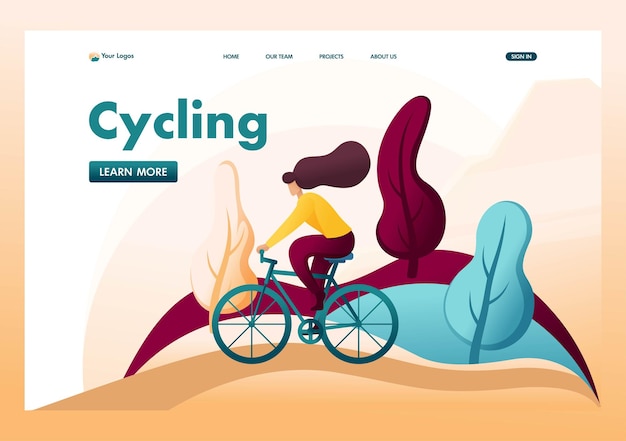 Young girl on a bike Cycling in the fresh air in the Park in the woods Flat 2D character Landing page concepts and web design