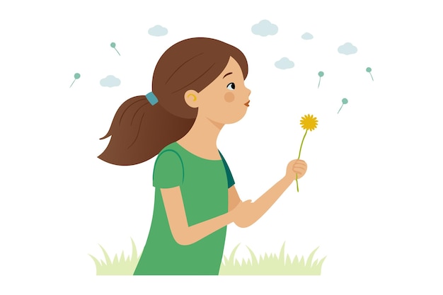 Vector young girl blowing dandelion seeds in a field on a sunny day