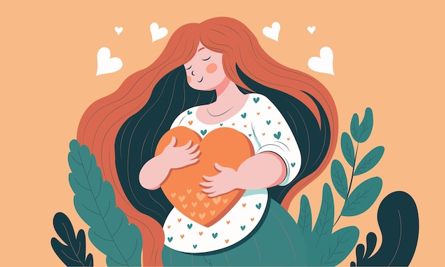 Young Girl Character Hugging A Heart On Leaves Decorated Pastel Orange Background Happy Valentine's Day Concept