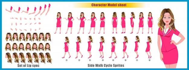 Young Girl Character model sheet with walk cycle animations and lip syncing