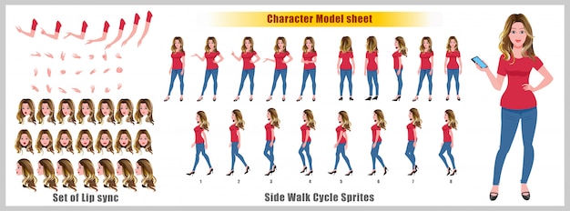 Young girl Character model sheet with walk cycle animations and lip syncing