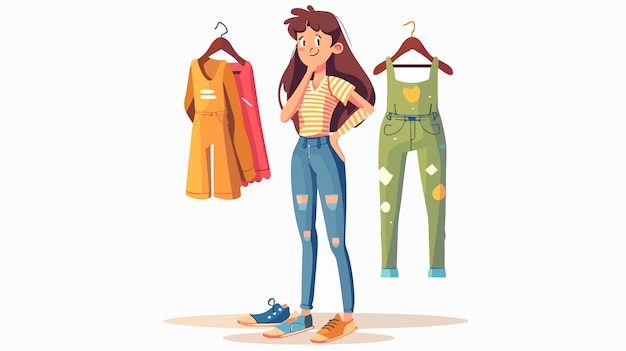 Vector young girl choosing outfit from wardrobe fashion decisions