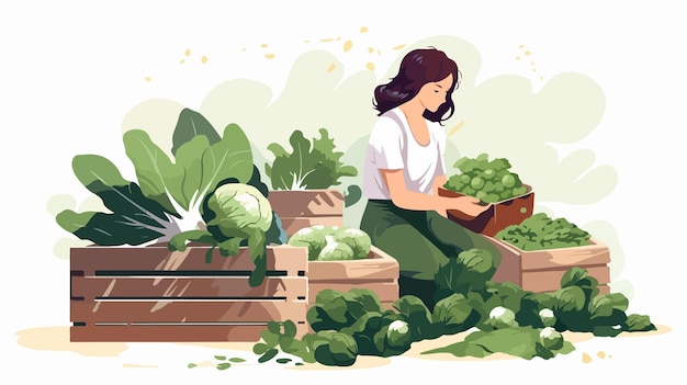 Vector young girl collecting harvest in containers vector illustration