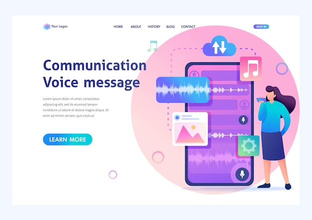 Young girl communicates by sending voice messages Modern Concept of communication Flat 2D character Landing page concepts and web design