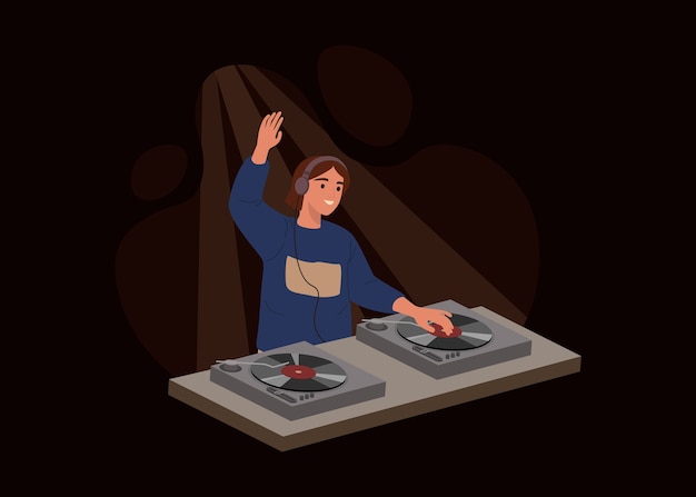 Young girl DJ isolated on dark background. Female playing music records on audio mixers or controller on a party.  illustration in flat cartoon style.