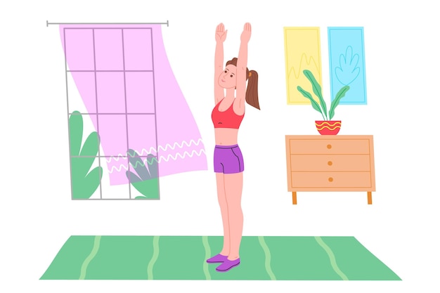 Young girl doing sports physical exercises, home workouts and fitness at home during quarantine and lead healthy lifestyle. Flat vector illustration. People, men and women using the house as a gym.