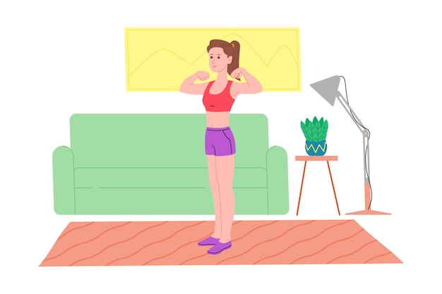 Young girl doing sports physical exercises, home workouts and fitness at home during quarantine and lead healthy lifestyle. Flat vector illustration. People, men and women using the house as a gym.