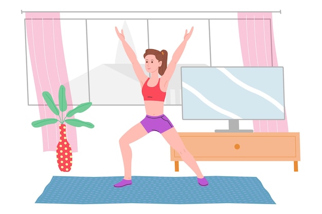 Young girl doing sports physical exercises, home workouts and fitness at home during quarantine and lead healthy lifestyle. Flat vector illustration. People, men and women using the house as a gym.