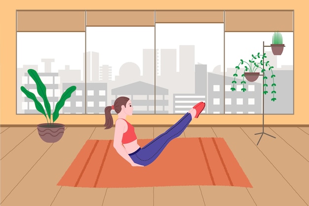 Young girl doing sports physical exercises, home workouts and fitness at home during quarantine and lead healthy lifestyle. Flat vector illustration. People, men and women using the house as a gym.