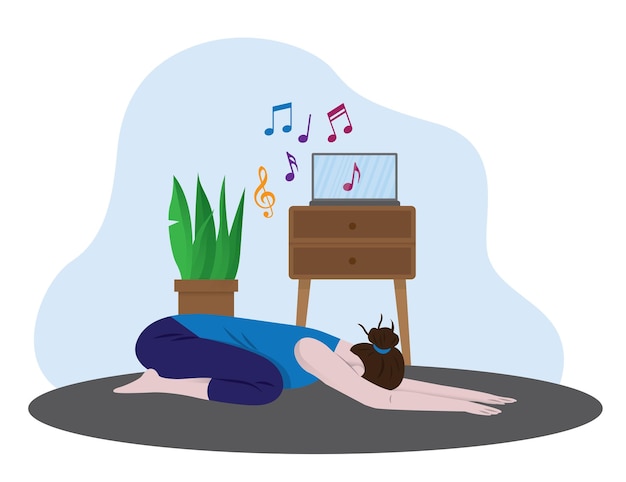 Young girl doing yoga sport at home with listening to music vector flat illustration style