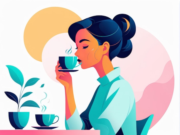 Vector young girl drinking tea in the morning vector illustration