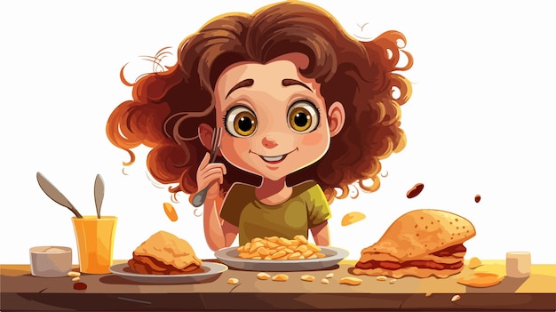 Vector young girl enjoying dinner vector illustration cartoon