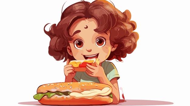 Vector young girl enjoying hotdog illustration