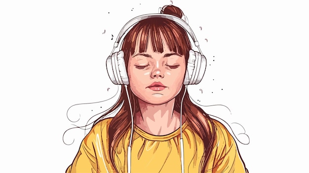 Vector young girl enjoying music with closed eyes in headphones