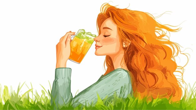 Vector young girl enjoying refreshing cocktail with ice