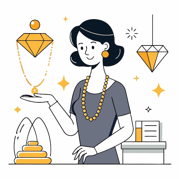 Vector young girl examining jewelry in a jewelry store with concentration