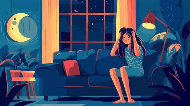 Vector young girl experiencing sleeplessness and insomnia