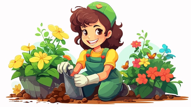 Young Girl Gardening Cartoon Vector Illustration