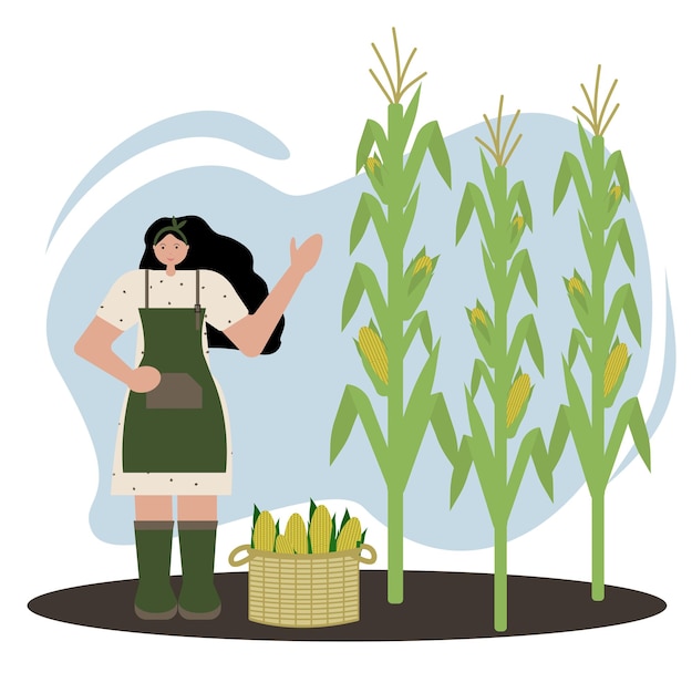 Young girl harvesting corn in the field baskets of corn next to her