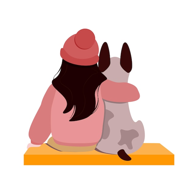 A young girl in a hat hugs a dog  sitting on a bench