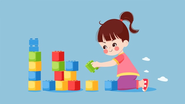 Young Girl Having Fun with Colorful Building Blocks on Blue Background