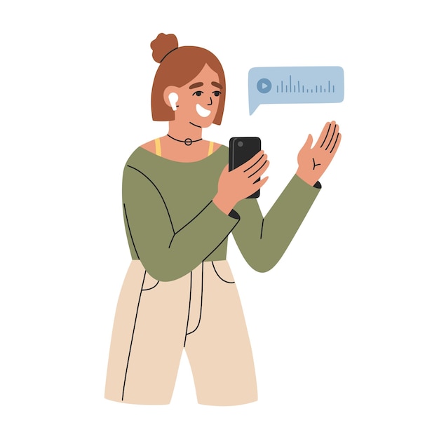 Young girl in headphones talking on the smartphone using video call. Hand drawn online communication