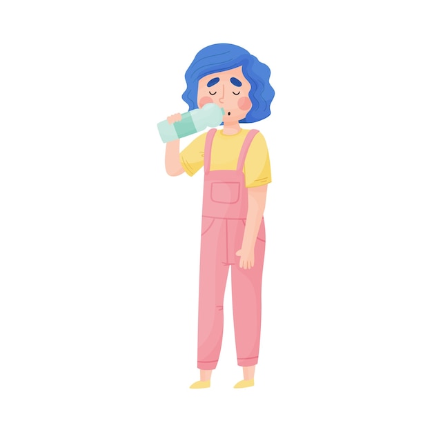 Young girl holding bottle of cool water and drinking vector illustration