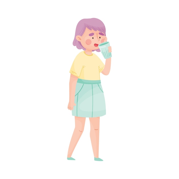 Young girl holding glass of cool water and drinking vector illustration