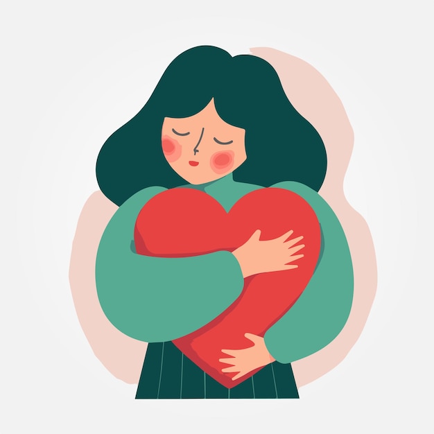 young girl hugged in plush heart vector illustration