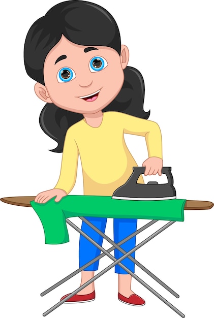 young girl ironing clothes cartoon