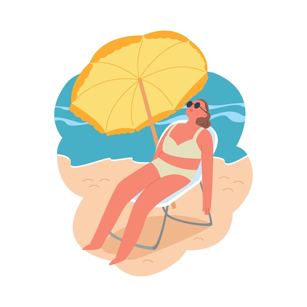 A young girl is sitting on a beach chair Cartoon female character on the background of the sea landscape is sunbathing Hot Summer Flat vector illustration All elements are isolated