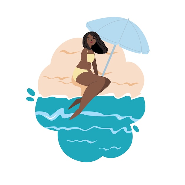 A young girl is sitting on a beach sea Cartoon female character relaxing on vacation Enjoy hot Summer Flat vector hand drawn illustration All elements are isolated