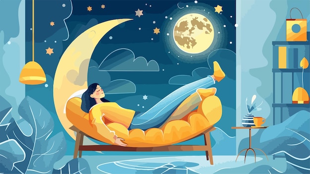 Young Girl Lies on Moon Comfort Sleep Time Concept