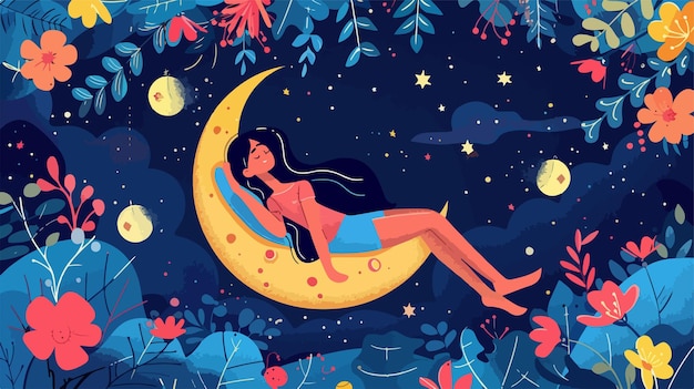 Young Girl Lies on Moon Comfort Sleep Time Concept