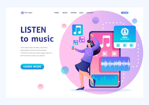 Young girl listens to music on the smartphone through the app dancing and rejoicing Flat 2D character Landing page concepts and web design